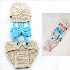 Knit Baby Suspenders Hat Tie Photo Prop Costume